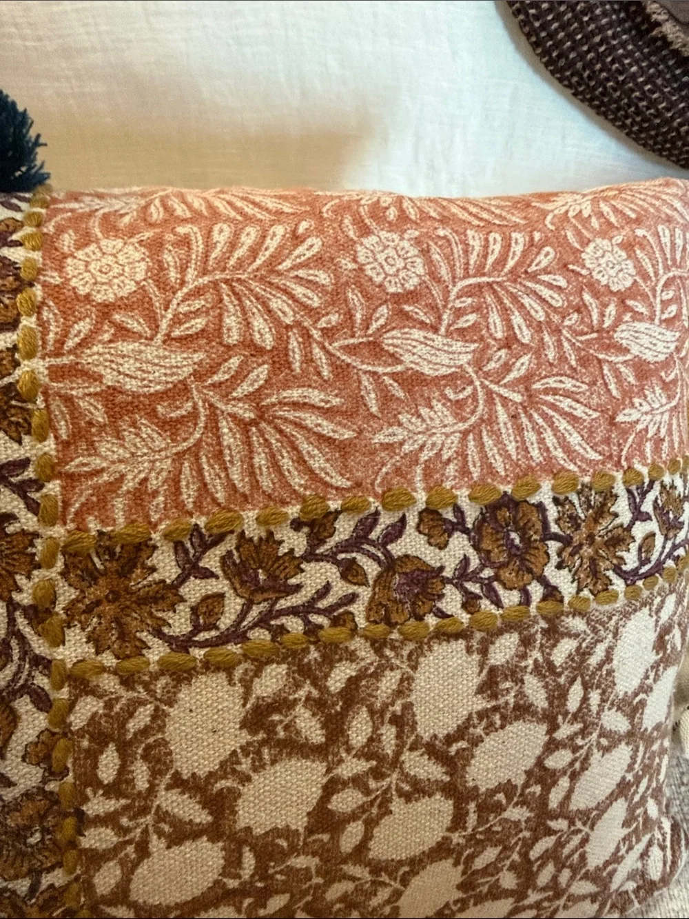 Boho Patchwork Decorative Throw lumbar Pillow in Cream, Brown & Rust with tassel